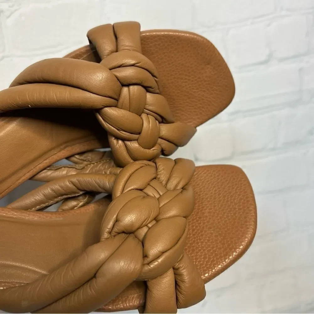 Kaanas Tan Braided Leather Square Toe Slip On Heel Sandals Size 10 NEW